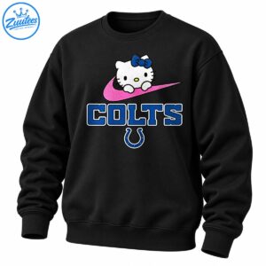White cartoon kitten with a blue bow on a pink swoosh above blue COLTS lettering and a horseshoe emblem