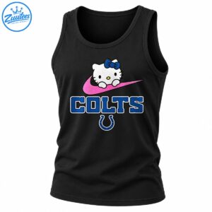 White cartoon kitten with a blue bow on a pink swoosh above blue COLTS lettering and a horseshoe emblem