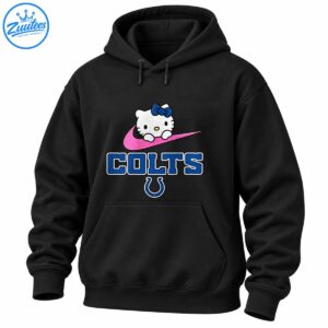 White cartoon kitten with a blue bow on a pink swoosh above blue COLTS lettering and a horseshoe emblem