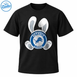 Blue and silver Detroit Lions emblem with distressed white bunny ears and rabbit paws in an Easter football design.