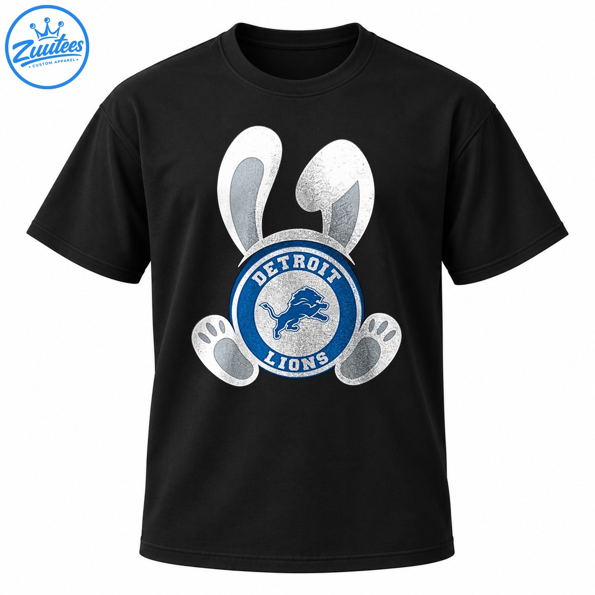 Blue and silver Detroit Lions emblem with distressed white bunny ears and rabbit paws in an Easter football design. Blue and silver Detroit Lions emblem with distressed white bunny ears and rabbit paws in an Easter football design.