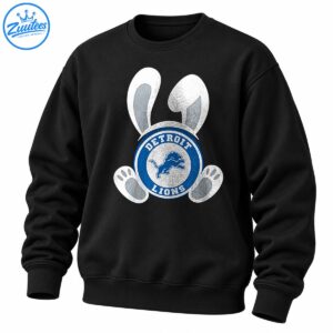 Blue and silver Detroit Lions emblem with distressed white bunny ears and rabbit paws in an Easter football design.