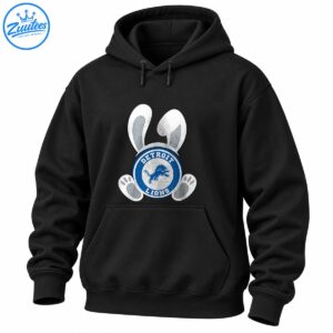 Blue and silver Detroit Lions emblem with distressed white bunny ears and rabbit paws in an Easter football design.