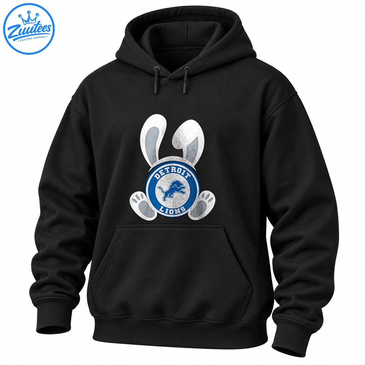 Blue and silver Detroit Lions emblem with distressed white bunny ears and rabbit paws in an Easter football design. Blue and silver Detroit Lions emblem with distressed white bunny ears and rabbit paws in an Easter football design.