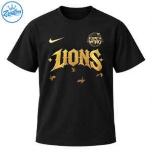 Black shirt graphic with distressed gold LIONS lettering, a Fourth Wing circular emblem, a gold swoosh, and dragon-like silhouettes