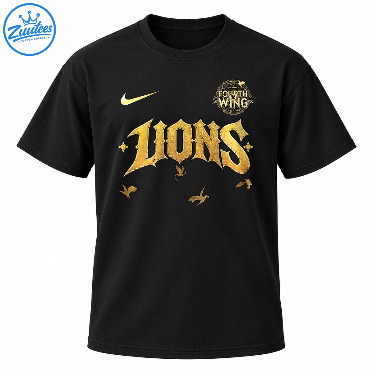 Black shirt graphic with distressed gold LIONS lettering, a Fourth Wing circular emblem, a gold swoosh, and dragon like silhouettes Black shirt graphic with distressed gold LIONS lettering, a Fourth Wing circular emblem, a gold swoosh, and dragon-like silhouettes