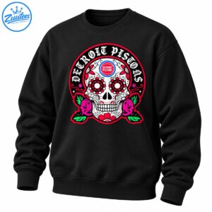 Detroit Pistons sugar skull design with Gothic lettering, floral eye sockets, magenta roses, and green leaves