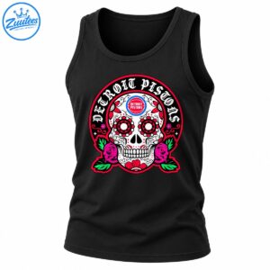 Detroit Pistons sugar skull design with Gothic lettering, floral eye sockets, magenta roses, and green leaves