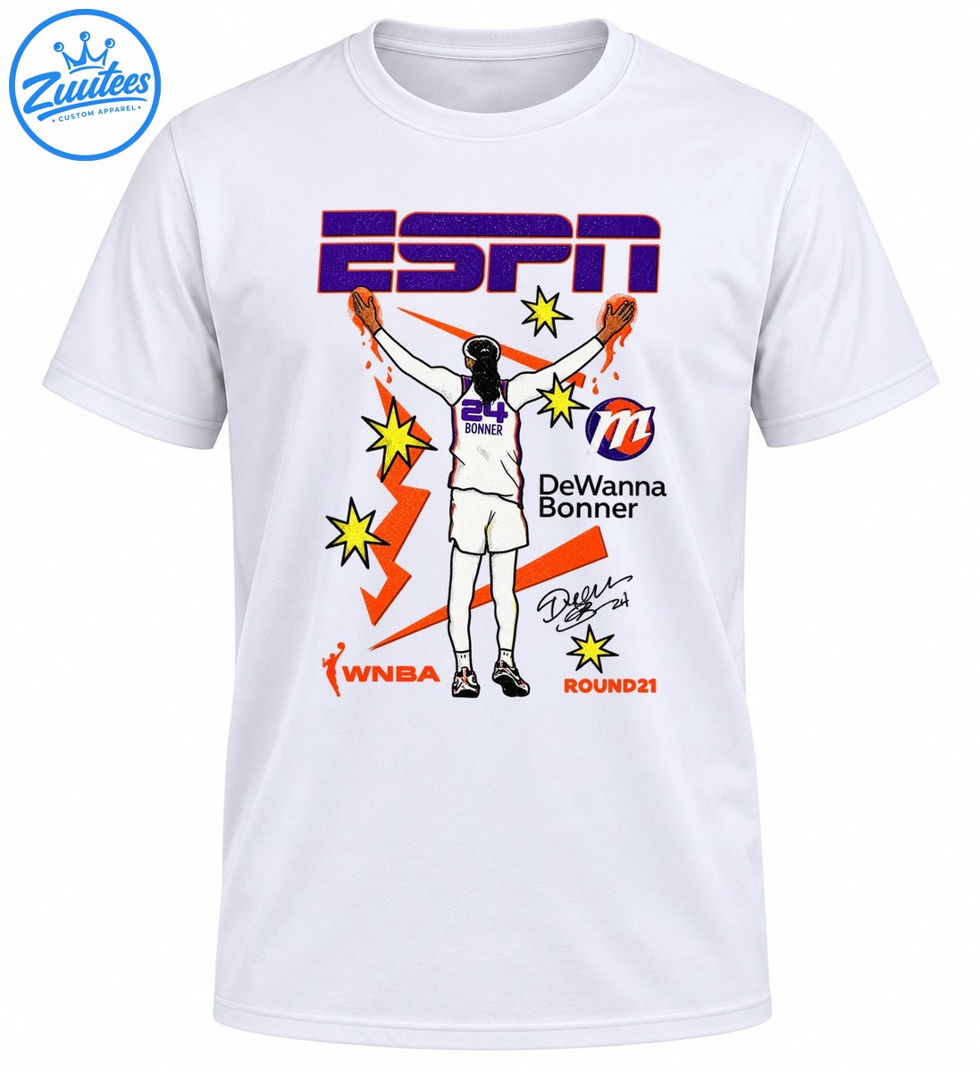 DeWanna Bonner basketball graphic with ESPN lettering, No. 24 jersey, orange lightning bolts and yellow stars DeWanna Bonner basketball graphic with ESPN lettering, No. 24 jersey, orange lightning bolts and yellow stars