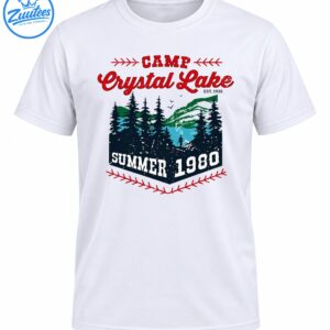 Distressed Camp Crystal Lake Summer 1980 design with red lettering, evergreen trees, blue lake, green mountains, and white vintage text