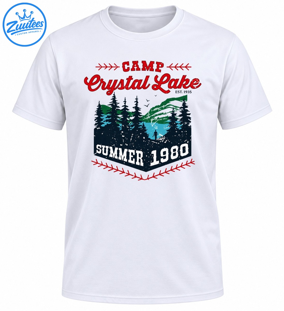 Distressed Camp Crystal Lake Summer 1980 design with red lettering, evergreen trees, blue lake, green mountains, and white vintage text Distressed Camp Crystal Lake Summer 1980 design with red lettering, evergreen trees, blue lake, green mountains, and white vintage text