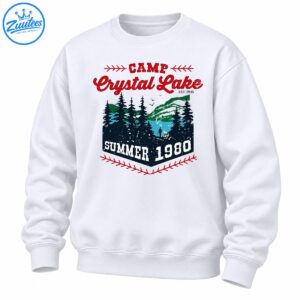 Distressed Camp Crystal Lake Summer 1980 design with red lettering, evergreen trees, blue lake, green mountains, and white vintage text