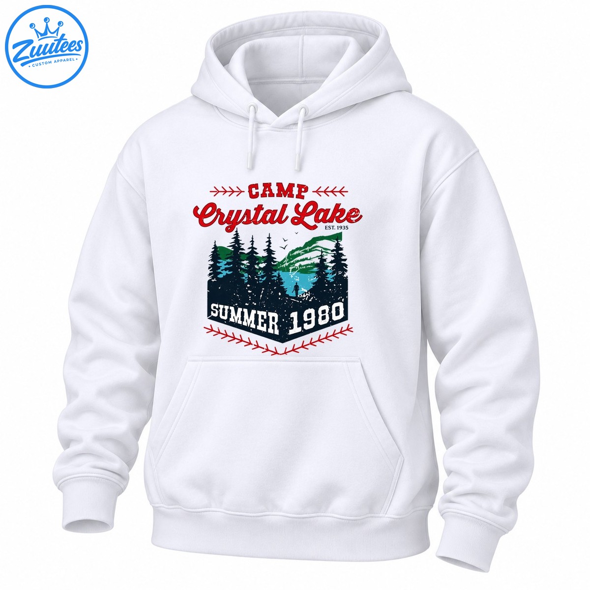 Distressed Camp Crystal Lake Summer 1980 design with red lettering, evergreen trees, blue lake, green mountains, and white vintage text Distressed Camp Crystal Lake Summer 1980 design with red lettering, evergreen trees, blue lake, green mountains, and white vintage text
