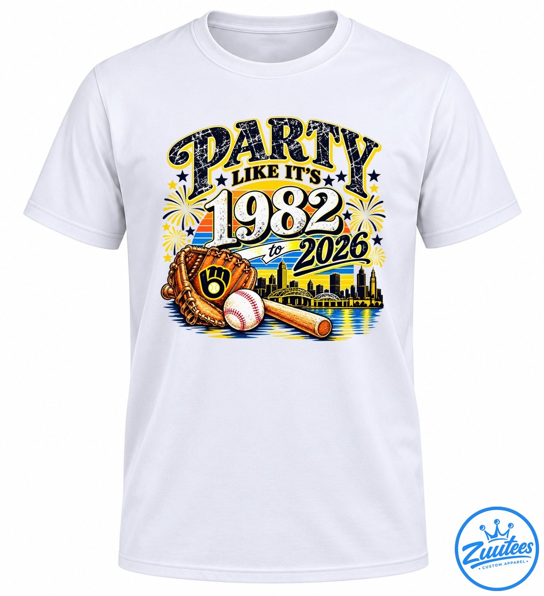 Distressed PARTY LIKE IT'S 1982 to 2026 baseball graphic with fireworks, glove, ball, bat, and Milwaukee skyline Distressed PARTY LIKE IT'S 1982 to 2026 baseball graphic with fireworks, glove, ball, bat, and Milwaukee skyline