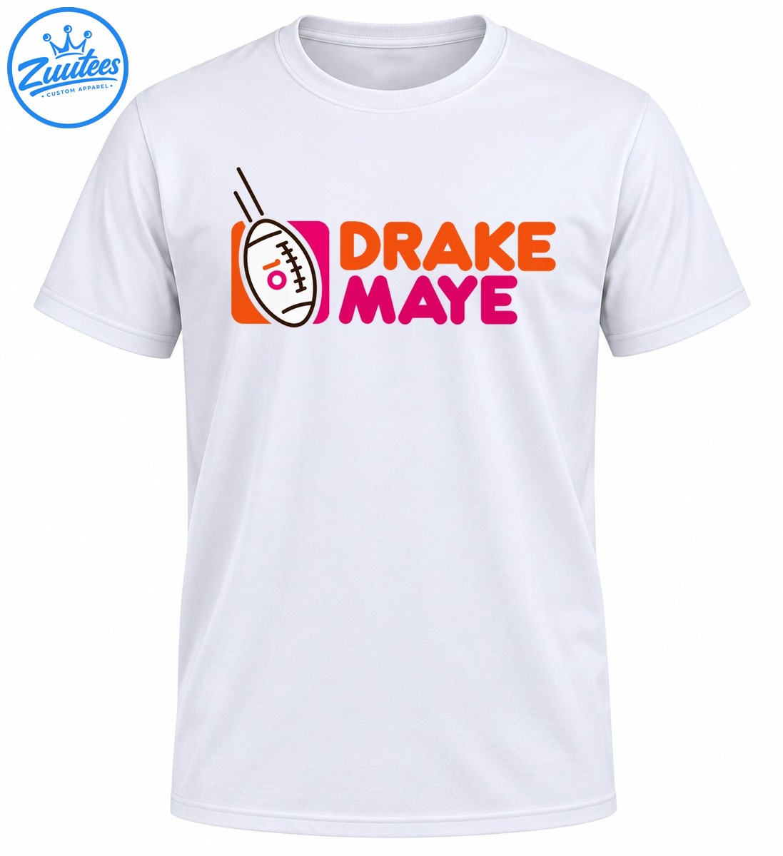 Drake Maye football graphic with orange and magenta lettering, a white outlined football, and sporty motion lines Drake Maye football graphic with orange and magenta lettering, a white outlined football, and sporty motion lines