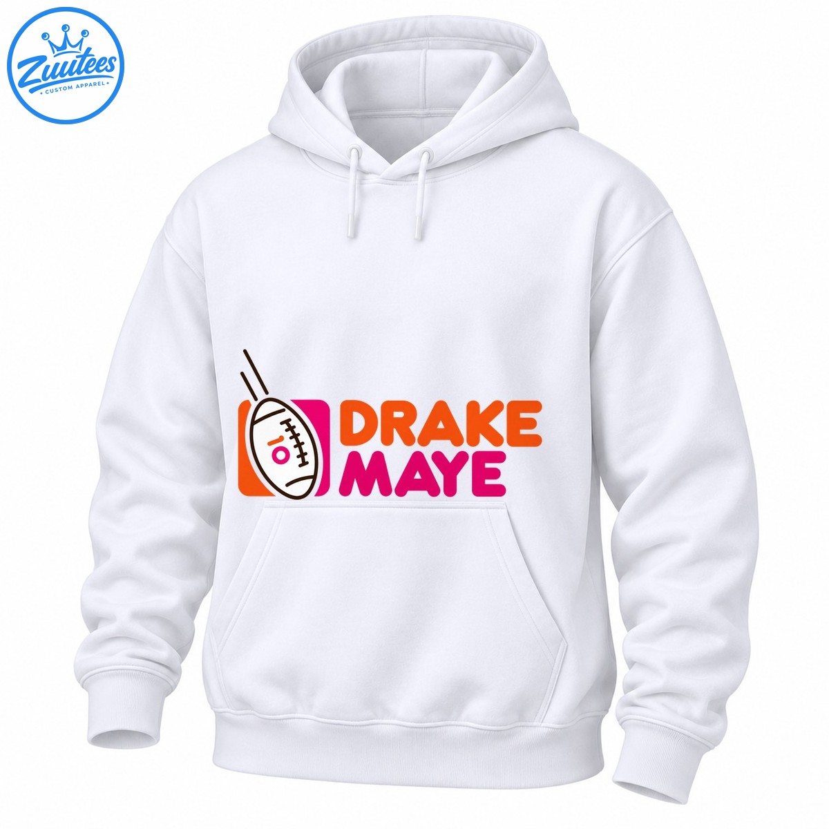Drake Maye football graphic with orange and magenta lettering, a white outlined football, and sporty motion lines Drake Maye football graphic with orange and magenta lettering, a white outlined football, and sporty motion lines