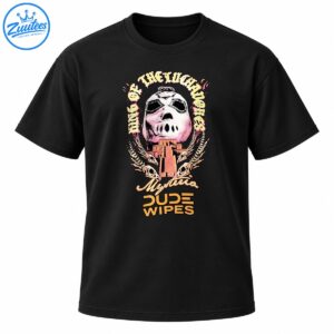 Vintage luchador mask graphic with skeletal motifs, a stepped pyramid, cream lettering, pink details, and orange DUDE WIPES text