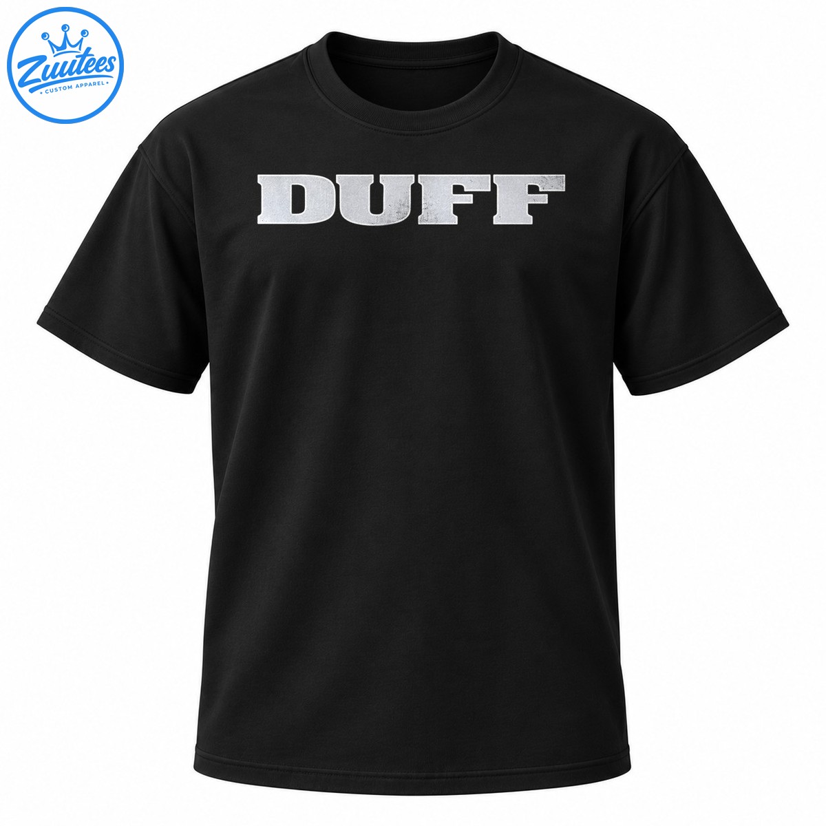 DUFF vintage graphic design in bold silver gray distressed uppercase lettering with a weathered finish DUFF vintage graphic design in bold silver-gray distressed uppercase lettering with a weathered finish