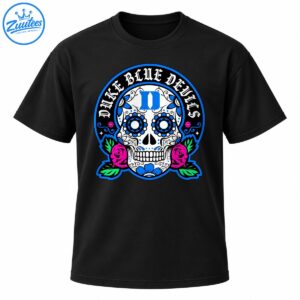 Duke Blue Devils sugar skull design with blue floral eyes, gothic lettering, pink roses, and green leaves