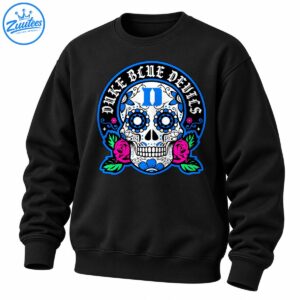 Duke Blue Devils sugar skull design with blue floral eyes, gothic lettering, pink roses, and green leaves