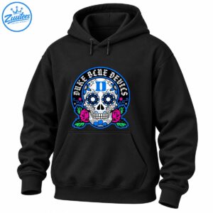 Duke Blue Devils sugar skull design with blue floral eyes, gothic lettering, pink roses, and green leaves