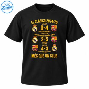 El Clásico 2024 25 football design with gold lettering, three match scores, colorful club crests, and Més Que Un Club text