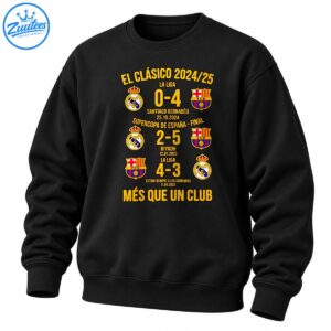 El Clásico 2024 25 football design with gold lettering, three match scores, colorful club crests, and Més Que Un Club text