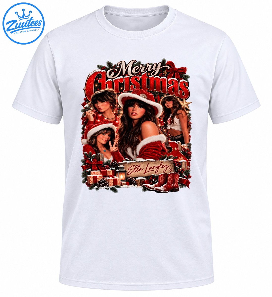 Ella Langley Merry Christmas design with women in red Santa outfits, festive lettering, gifts, greenery, and red boots Ella Langley Merry Christmas design with women in red Santa outfits, festive lettering, gifts, greenery, and red boots