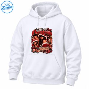 Ella Langley Merry Christmas design with women in red Santa outfits, festive lettering, gifts, greenery, and red boots
