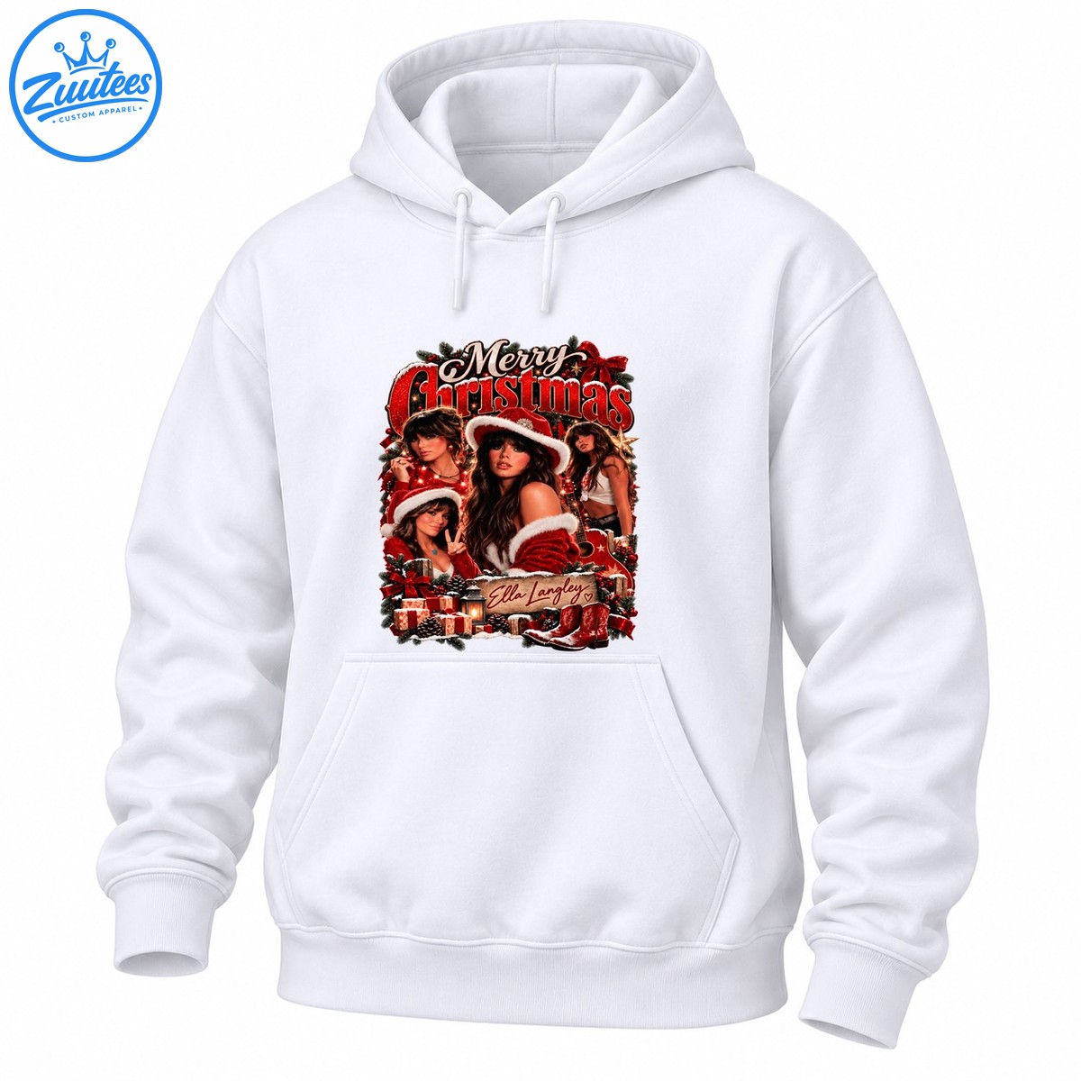 Ella Langley Merry Christmas design with women in red Santa outfits, festive lettering, gifts, greenery, and red boots Ella Langley Merry Christmas design with women in red Santa outfits, festive lettering, gifts, greenery, and red boots