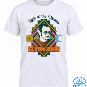 Elton John Rock of the Westies shirt design with a retro portrait, blue sunglasses, colorful geometric stripes, sun, moon, and 1975 lettering.