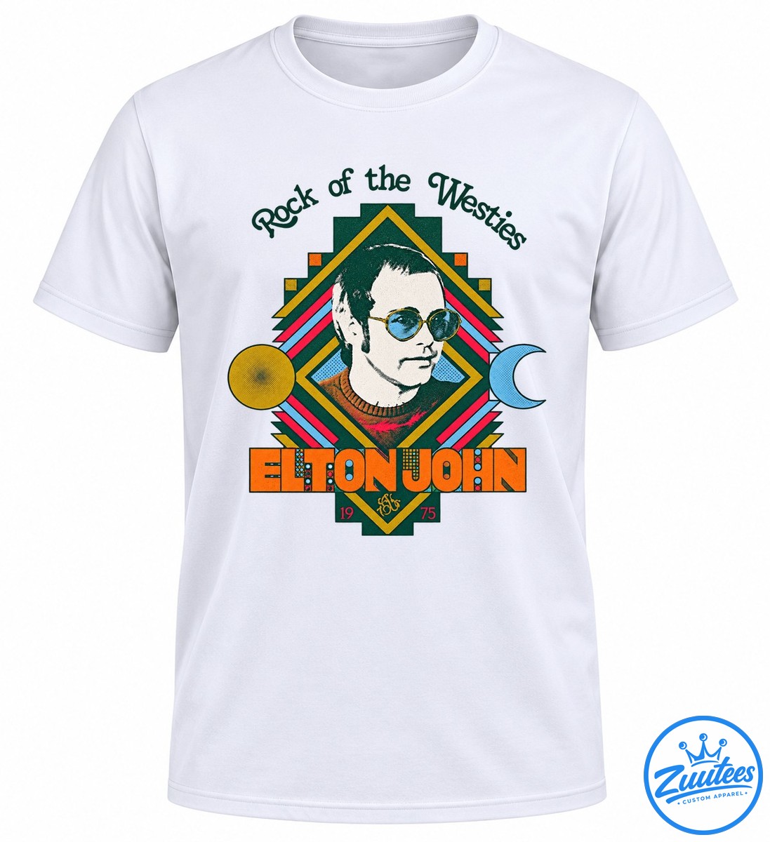 Elton John Rock Of The Westies Dates Schedule Shirt Elton John Rock of the Westies shirt design with a retro portrait, blue sunglasses, colorful geometric stripes, sun, moon, and 1975 lettering.