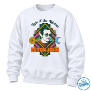 Elton John Rock of the Westies shirt design with a retro portrait, blue sunglasses, colorful geometric stripes, sun, moon, and 1975 lettering.