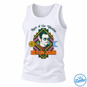 Elton John Rock of the Westies shirt design with a retro portrait, blue sunglasses, colorful geometric stripes, sun, moon, and 1975 lettering.