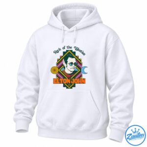 Elton John Rock of the Westies shirt design with a retro portrait, blue sunglasses, colorful geometric stripes, sun, moon, and 1975 lettering.