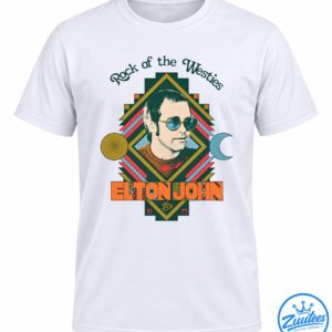 Elton John Rock of the Westies Fall Tour 1975 graphic with sunglasses portrait, geometric stripes, and orange lettering