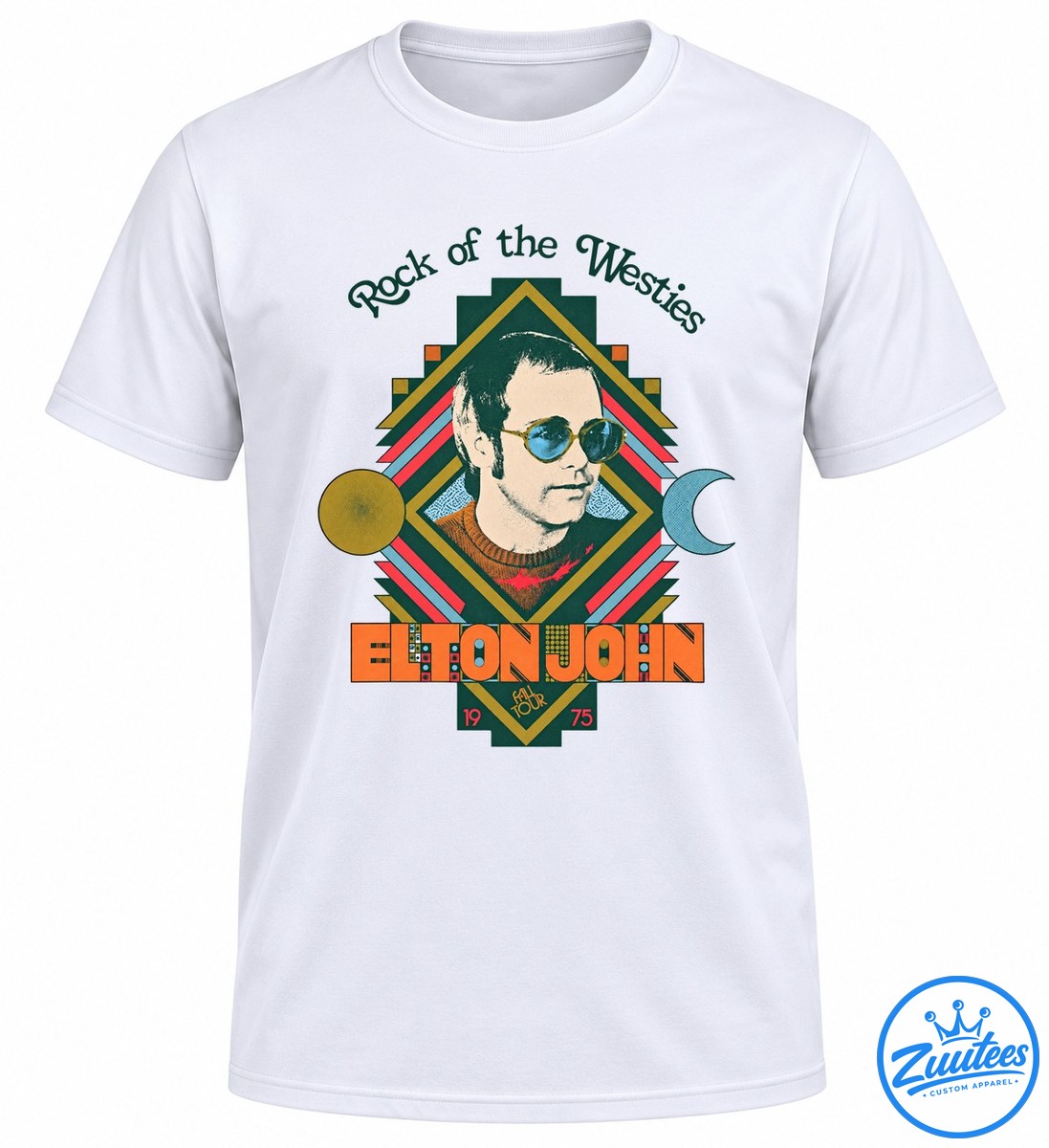 Elton John Rock of the Westies Fall Tour 1975 graphic with sunglasses portrait, geometric stripes, and orange lettering Elton John Rock of the Westies Fall Tour 1975 graphic with sunglasses portrait, geometric stripes, and orange lettering