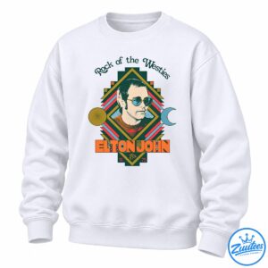 Elton John Rock of the Westies Fall Tour 1975 graphic with sunglasses portrait, geometric stripes, and orange lettering