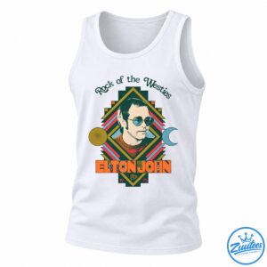 Elton John Rock of the Westies Fall Tour 1975 graphic with sunglasses portrait, geometric stripes, and orange lettering