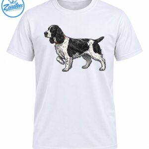 Black and white English Springer Spaniel standing in profile, illustrated in vintage pen and ink with a brown collar.