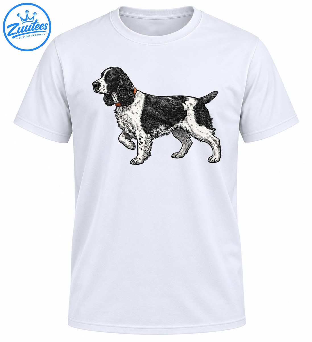 Black and white English Springer Spaniel standing in profile, illustrated in vintage pen and ink with a brown collar. Black and white English Springer Spaniel standing in profile, illustrated in vintage pen and ink with a brown collar.