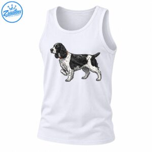 Black and white English Springer Spaniel standing in profile, illustrated in vintage pen and ink with a brown collar.