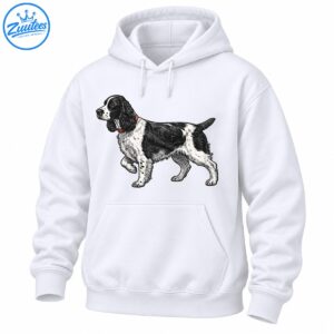 Black and white English Springer Spaniel standing in profile, illustrated in vintage pen and ink with a brown collar.