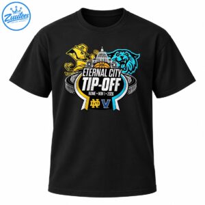 Eternal City Tip-Off 2026 basketball graphic with a gold leprechaun, blue wildcat, Roman architecture, and bold white lettering