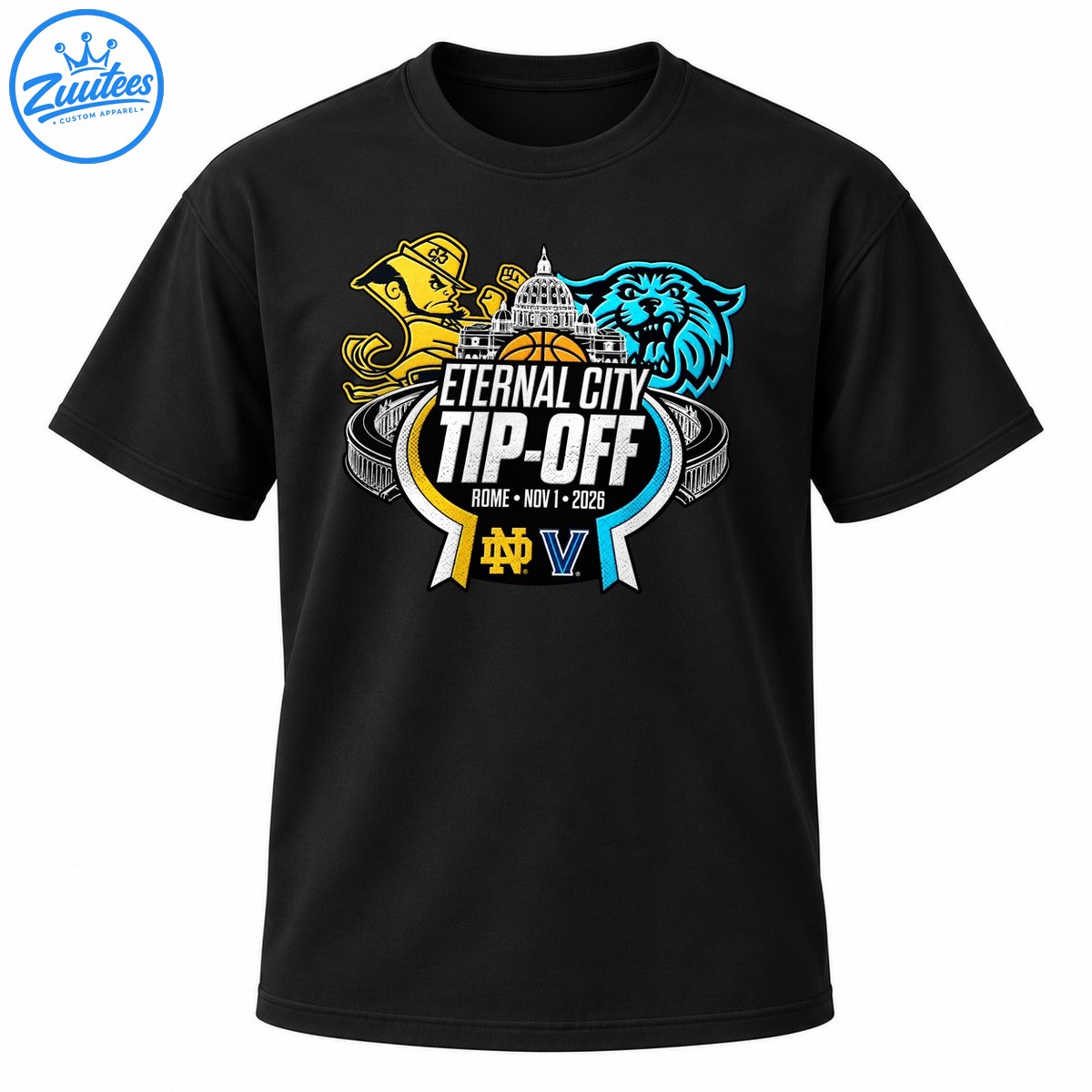 Eternal City Tip Off 2026 basketball graphic with a gold leprechaun, blue wildcat, Roman architecture, and bold white lettering Eternal City Tip-Off 2026 basketball graphic with a gold leprechaun, blue wildcat, Roman architecture, and bold white lettering