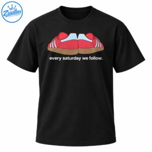 Every Saturday We Follow shirt graphic featuring retro red sneakers with blue stripes and white lowercase text