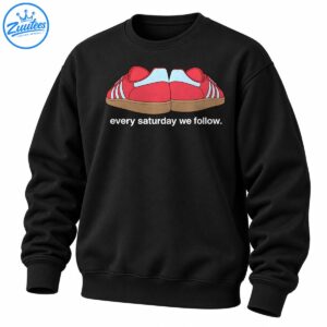 Every Saturday We Follow shirt graphic featuring retro red sneakers with blue stripes and white lowercase text