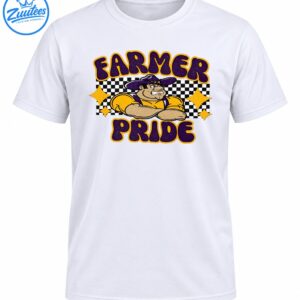 Farmer Pride shirt graphic with muscular cartoon farmer, purple and gold vintage lettering, and checkerboard background