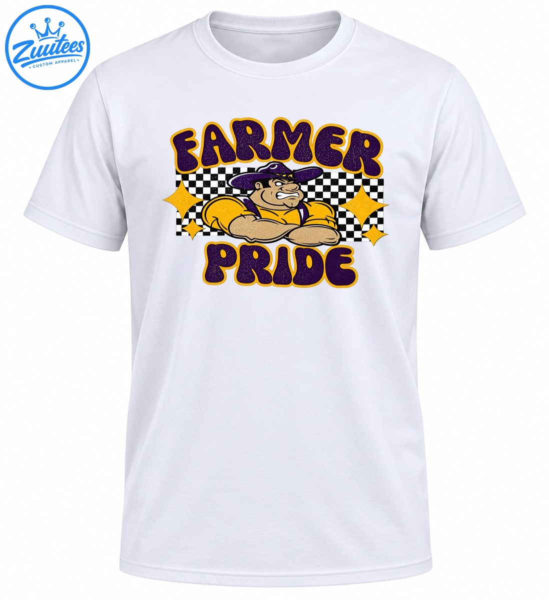 Farmer Pride shirt graphic with muscular cartoon farmer, purple and gold vintage lettering, and checkerboard background Farmer Pride shirt graphic with muscular cartoon farmer, purple and gold vintage lettering, and checkerboard background