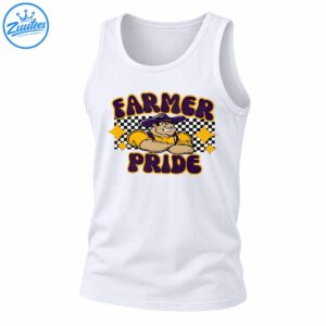 Farmer Pride shirt graphic with muscular cartoon farmer, purple and gold vintage lettering, and checkerboard background